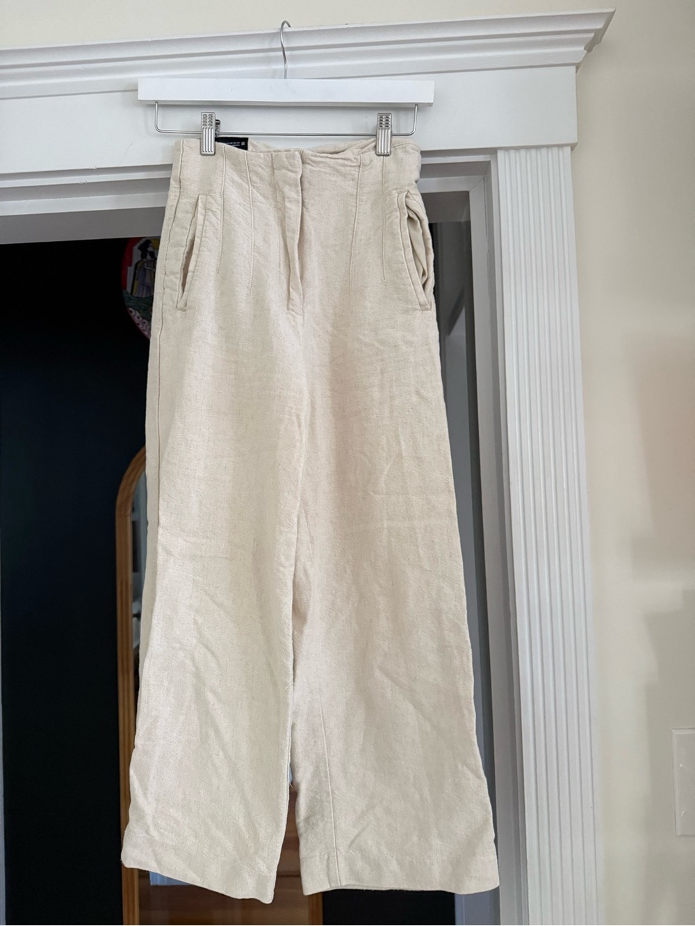 Zara Linen Wide Leg High Waist Tie Belt Pants Cream XS